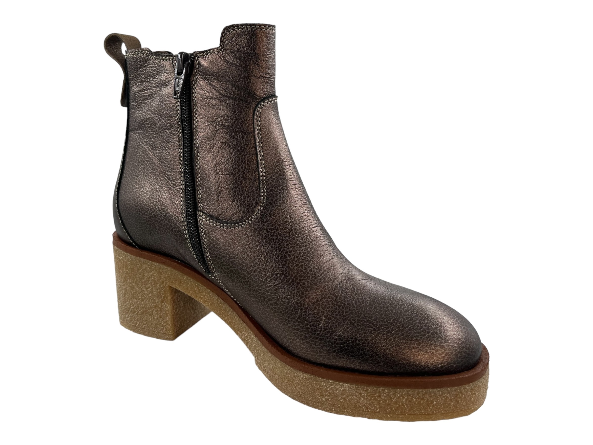 BOTTINE CUIR METALLISE BRONZE ZIP INTERIEUR, SEMELLE CREPE BERRY